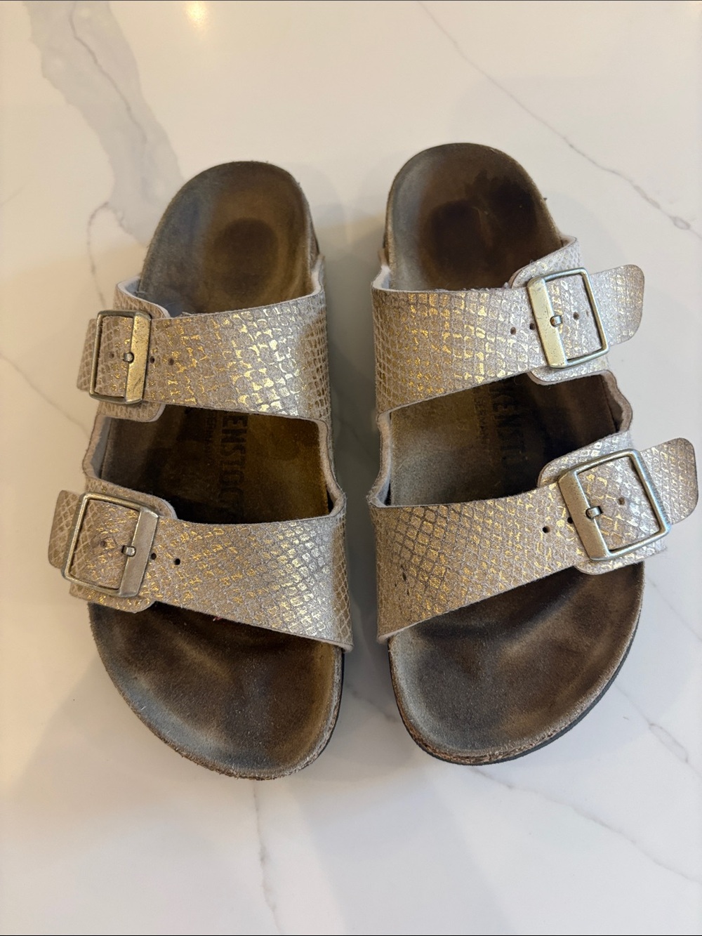 Birkenstock Arizona Metallic Snake-Print Double Strap Sandals Sz 36